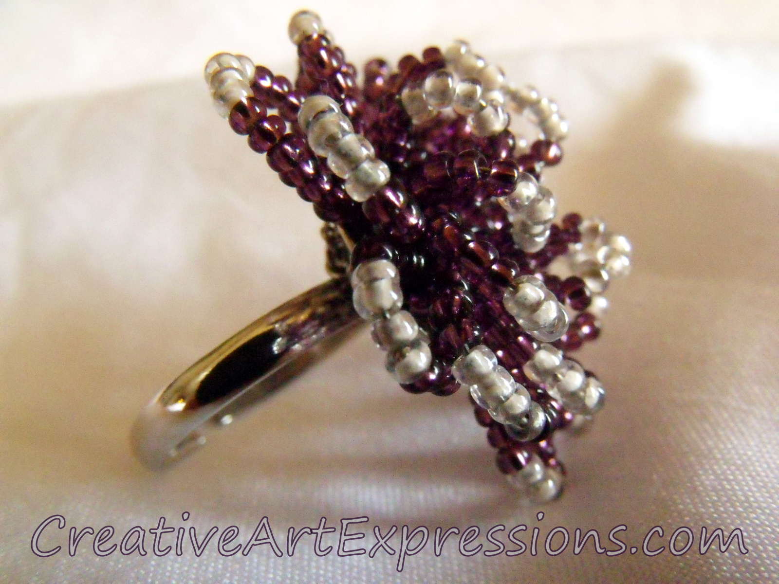 Creative Art Expressions Handmade Amerthyst & Crystal Brown Seed Bead Ring Jewelry Design